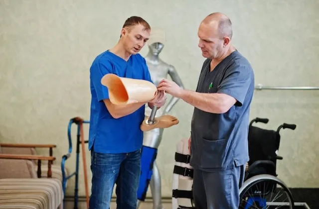 Zwei Orthopädietechniker arbeiten in der Werkstatt an einer Beinprothese
